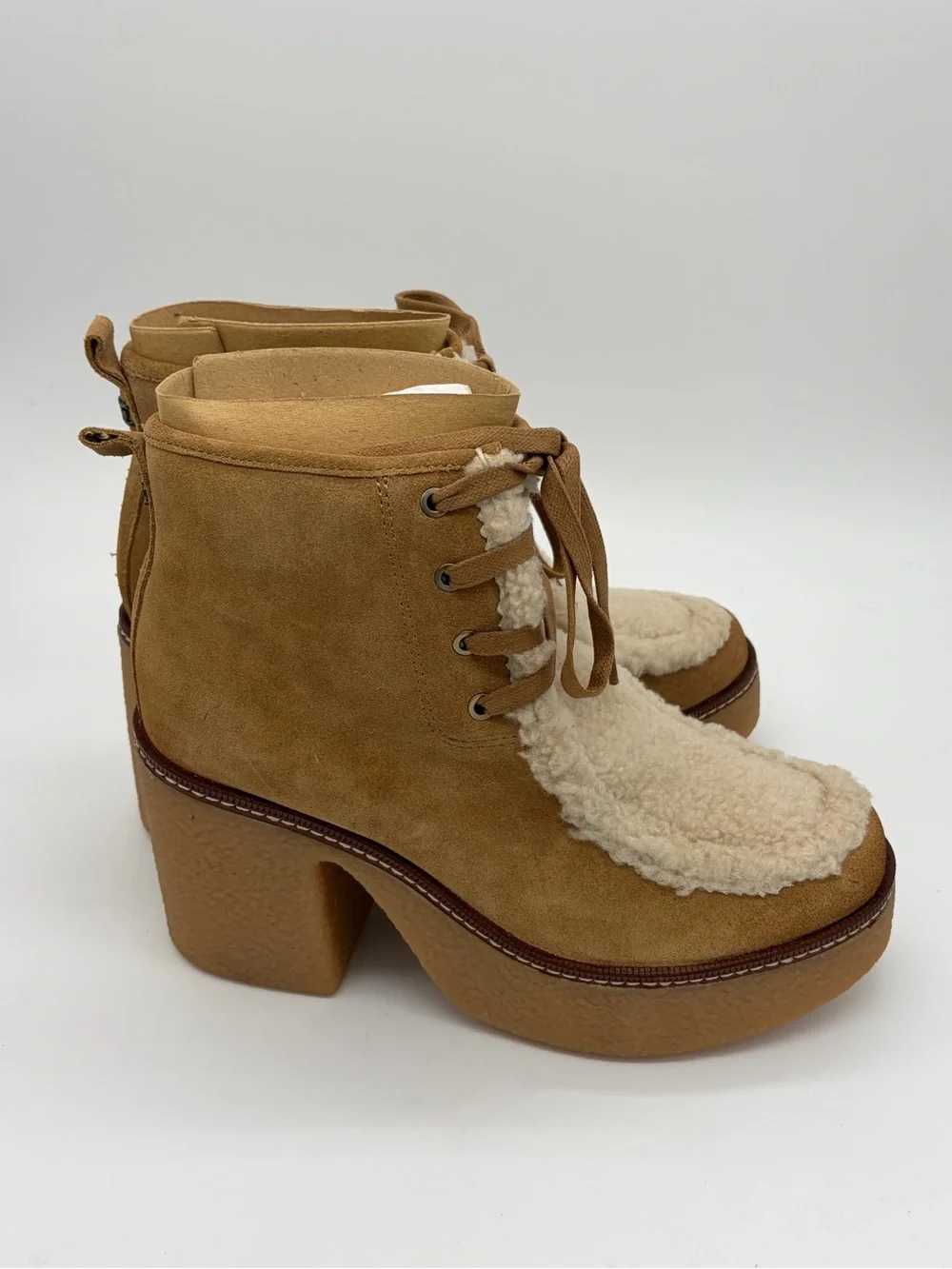 Sam Edelman Tan Suede Shearling Platform Ankle Boots
